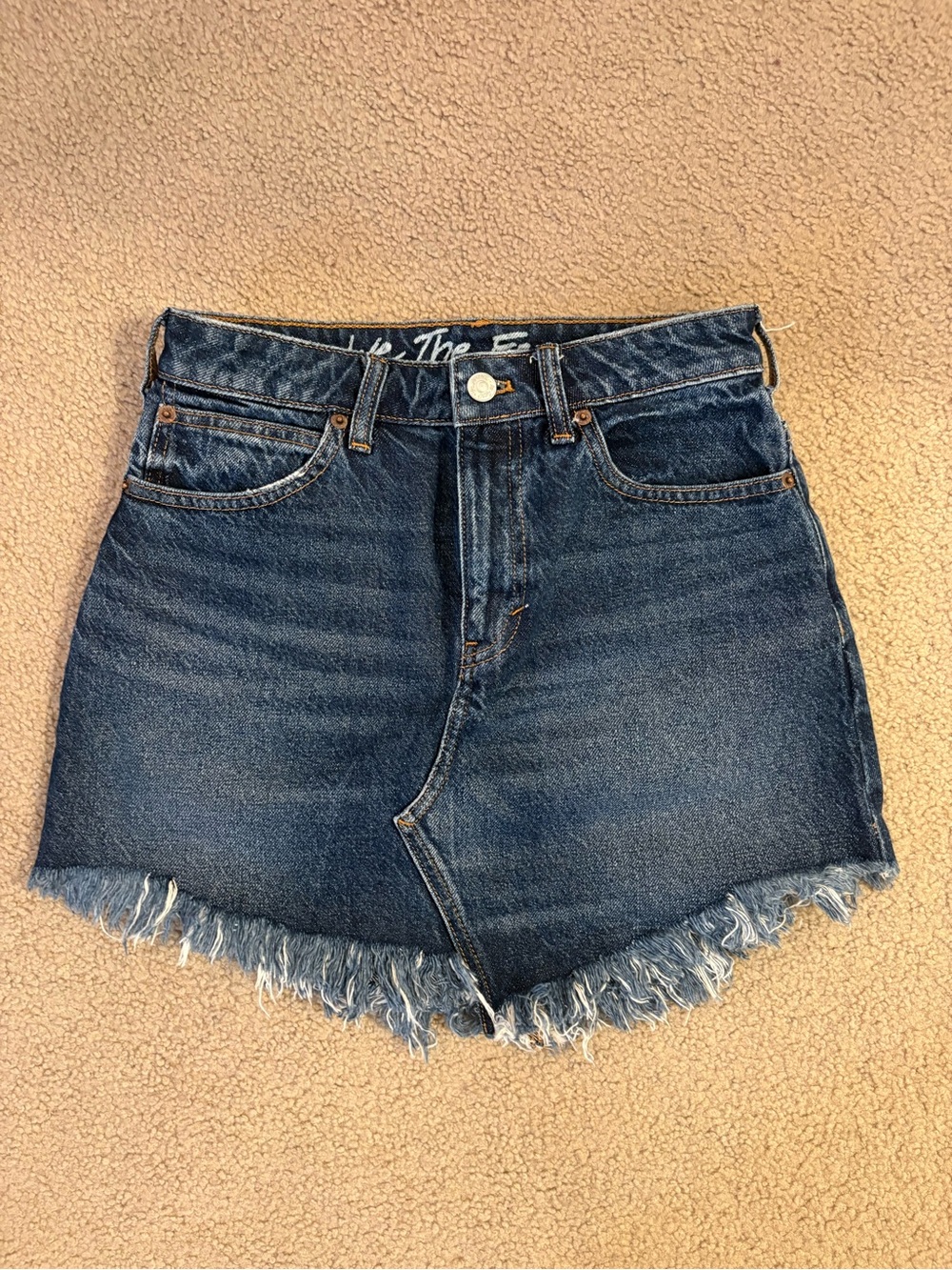 Free People Dark Blue Denim Mini Skirt with Frayed Hem